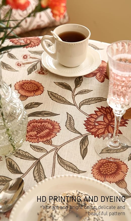 Floral Tablecloth for Round Tables,Linen Table Cloth with Orange Flowers and Green Leaves Pattern,Heavy Durable Table Cover for Dining Kitchen Decor Party Christmas,Diameter 55"