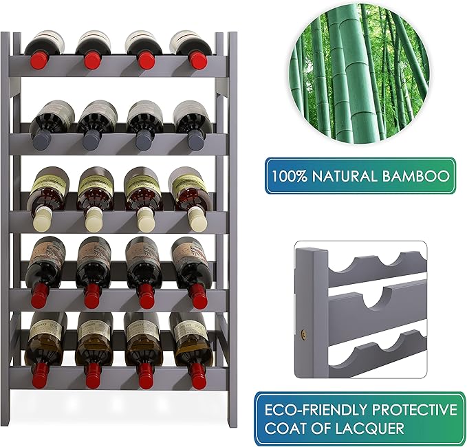 SMIBUY Bamboo Wine Rack, 20 Bottles Display Holder, 5-Tier Free Standing Storage Shelves for Kitchen, Pantry, Cellar, Bar (Gray)