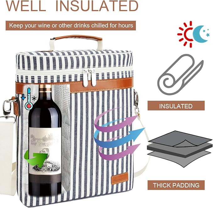 ZORMY 3 Bottle Insulated Wine Tote Cooler Bag, Portable Wine Carrier with Corkscrew Opener and Shoulder Strap for Beach Travel Picnic, Unique Wine Carrier for Wine Lover Gifts