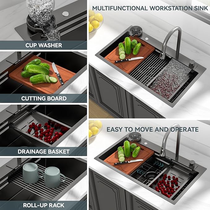 Lordear 33 Inch Black Smart Waterfall Drop In Kitchen Sink With Faucet 33x19 Inch Worktation Topmount Sink 16 Gauge Stainless Steel Single Bowl Ledge Kitchen Sinks Handmade