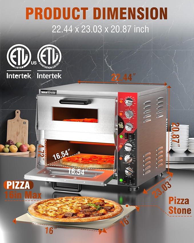 WantJoin 16 Inch Indoor Pizza Oven Countertop - ETL Listed, Commercial Double Decker Electric Pizza Ovens with Pizza Stone, 60-Min Ring Timer, for Restaurant and Home, 3200W