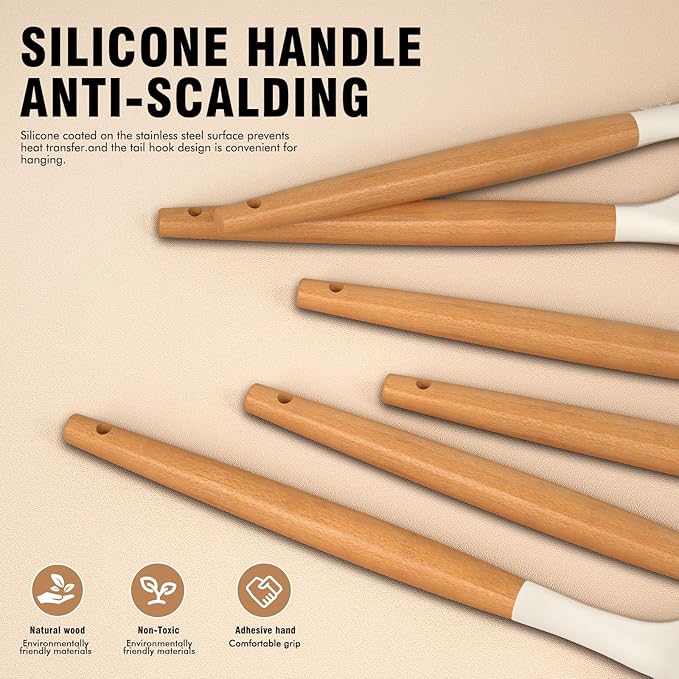 Silicone Cooking Utensils Set - Silicone Kitchen Utensils for Cooking Wooden Handles, 446°F Heat Resistant Kitchen Utensil Spatula Sets w Holder, Gadgets for Non-Stick Cookware BPA FREE (Cream White)