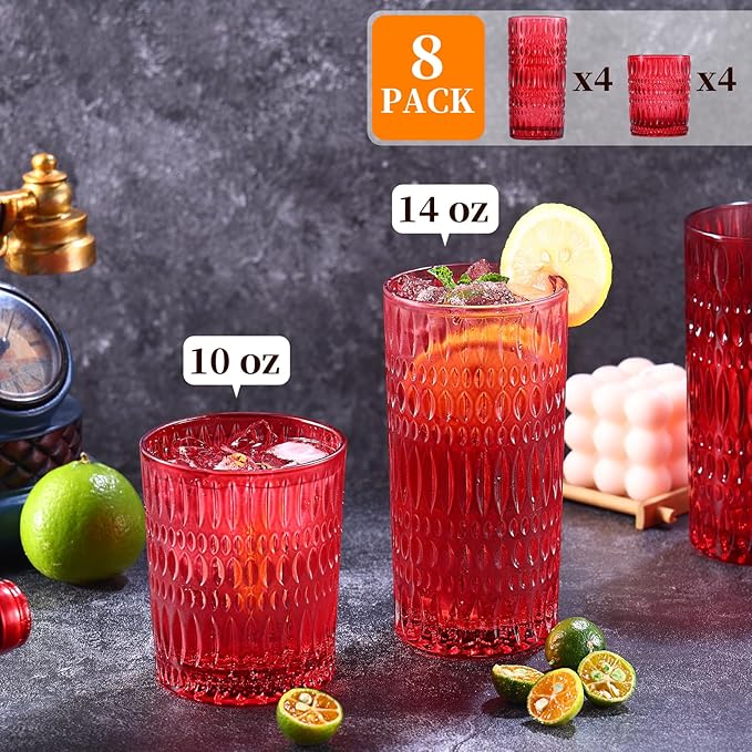 Glassware Drinking Glasses Set of 8, 14 oz Highball Glasses & 10 oz Ribbed Glass Cups, Vintage Glassware for Water, Juice, Cocktail (Christmas Red)