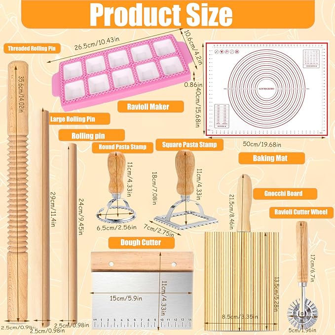 Pasta Making Tools, 10 PCS Pasta Making Kit with 1 Ravioli Maker,3 Rolling Pins,1 Gnocchi Board,1 Ravioli Cutter, 2 Pasta Stamps,1 Dough Cutter, 1 Baking Mat, for Pasta Maker And Kitchen DIY Gift