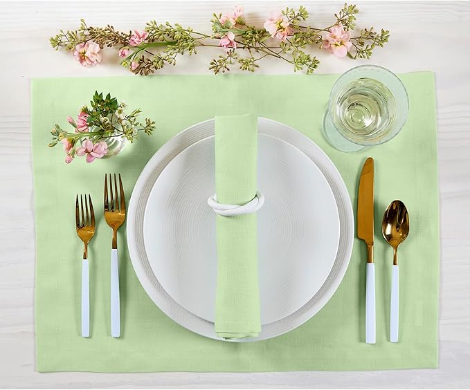 Solino Home Linen Cloth Placemats Set of 4-100% Pure Linen Pastel Green Placemats 14 x 19 Inch - Fete