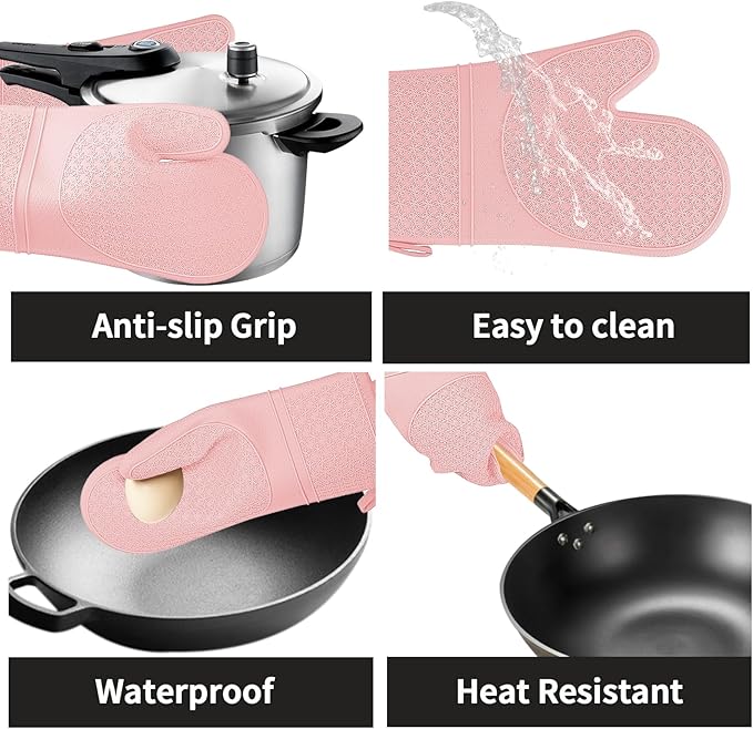 Hovico Silicone Oven Mitts, Heat Resistant 500F Kitchen Mitts 2PCS, 11.6" BPA-Free Soft Baking Gloves, Non-Slip Grip Oven Gloves with Soft Cotton Lining for Kitchen Cooking Baking BBQ - Pink
