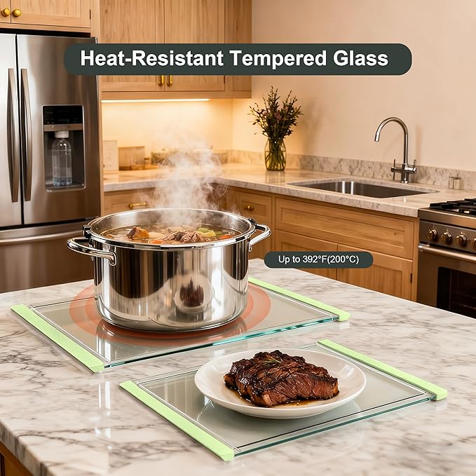 Tempered Glass Cutting Board Set for Kitchen Counter - Dishwasher Safe with Juice Grooves, Non-Slip Silicone Edges & Beveled Grip - 16"x12" & 12"x8" Serving Tray (Green)