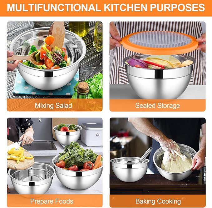 LIANYU Metal Mixing Bowls with Visible Lid Sets of 6, Large Size 7, 3.5, 2.5, 2, 1.5, 1QT, Stainless Steel Nesting Serving Bowl for Kitchen, Baking, Storage, Food Prepping, Cooking, Multi-Color