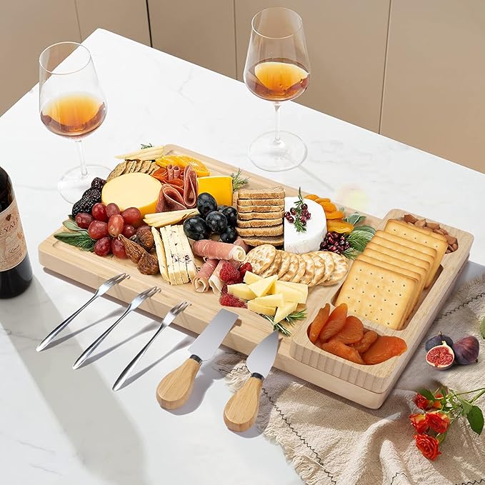 Premium Bamboo Charcuterie/Cheese Board Set – Wooden Serving Tray with Hidden Knife Storage – Cheese Knives & Forks - Perfect Bridal Shower, Housewarming, Anniversary, Mother's Day Gifts