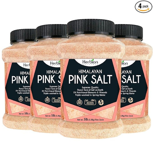 Herbion Naturals Himalayan Pink Salt Jar Fine Grain, GMO Free, Supreme Quality Chemical Free, Vegan, Kosher Certified, Fine Grain All-Natural Salt, Triple-Washed in Spring Water, 20 Lbs Jar (Pack of 4)