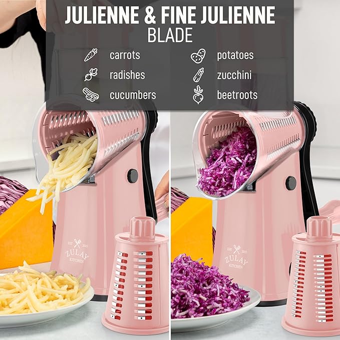 Zulay Kitchen Rotary Cheese Grater 5 Blade Cheese Shredder - Manual Hand Crank Cheese Grater With Reinforced Suction & 5 Interchangeable Drums - Easy to Use, Vegetable Chopper Round Mandoline Slicer