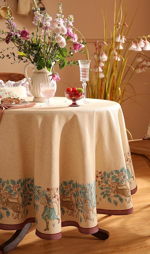 patdrea Designer Beige Tablecloth for Round Tables,Vintage Elegant French Linen with Trees and Kid Pattern Table Cloth,Farmhouse Table Cover Cloth Decor for Kitchen Dining Christmas,Diameter 67"