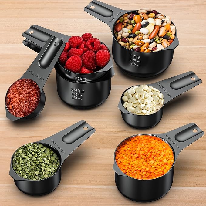 Stainless Steel Measuring Cups, Wildone Metal Measuring Cups Set with Easy to Read Markings for Measuring Dry or Liquid Ingredients, Set of 7 (Black)