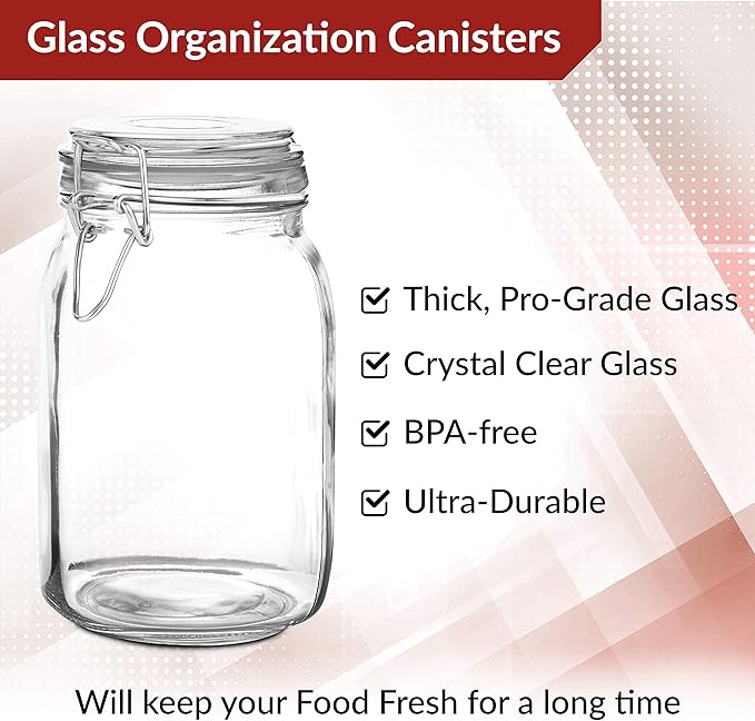 Set of 2 Large Glass Mason Jar with Lid (3 Liter) | Airtight Glass Storage Container for Food, Flour, Pasta, Coffee, Candy, Dog Treats, Snacks & More | Glass Organization Canisters 100 Ounces