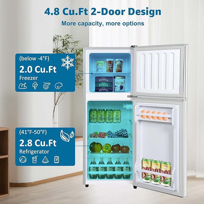 4.8 Cu. Ft. Mini Fridge with Freezer, Compact Refrigerator with Adjustable 7-Level Thermostat, Double-Door Fridge for RV, Kitchen, Office, Silver