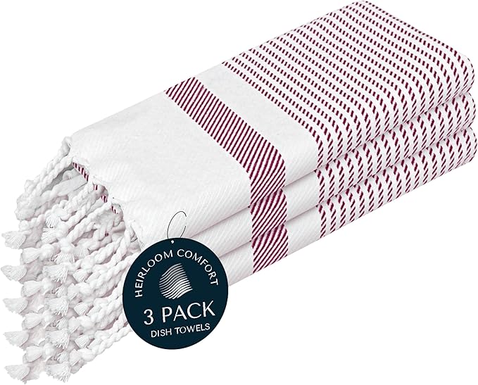 Burgundy Wine Turkish Kitchen Towels 16x26 Inch, 3 Pack, 100% Cotton, Ultra Absorbent, Soft, Fast Dry, Washable, Dish Towel with Tassels for Drying Dishes, Cleaning, Everyday Use