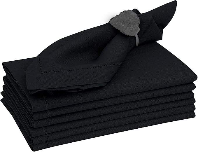 Ruvanti Premium Linen Napkins Set of 4-20x20 Inch, Classic Hemstitch, Mitered Corner Cloth Napkins‎‎ - Soft, Elegant Dinner Napkins Cloth Washable for Weddings, Parties, Everyday Use - Black