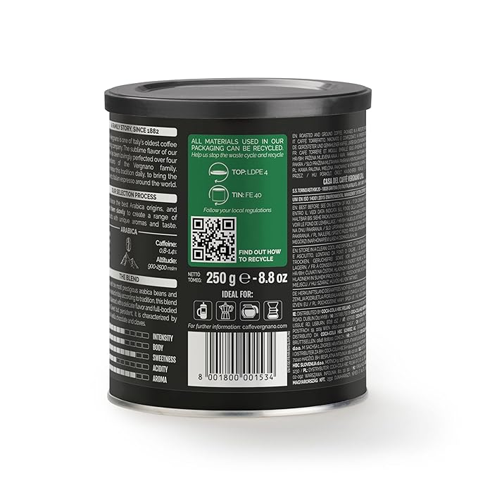 Caffè Vergnano Italian Finely Ground Espresso Coffee, 6 Pack – 100% Arabica for Moka, Intensity 4 – Sweet & Balanced Blend Slow Roasted with Notes of Chocolate, Hazelnut, Caramel, 8.82 oz Tin