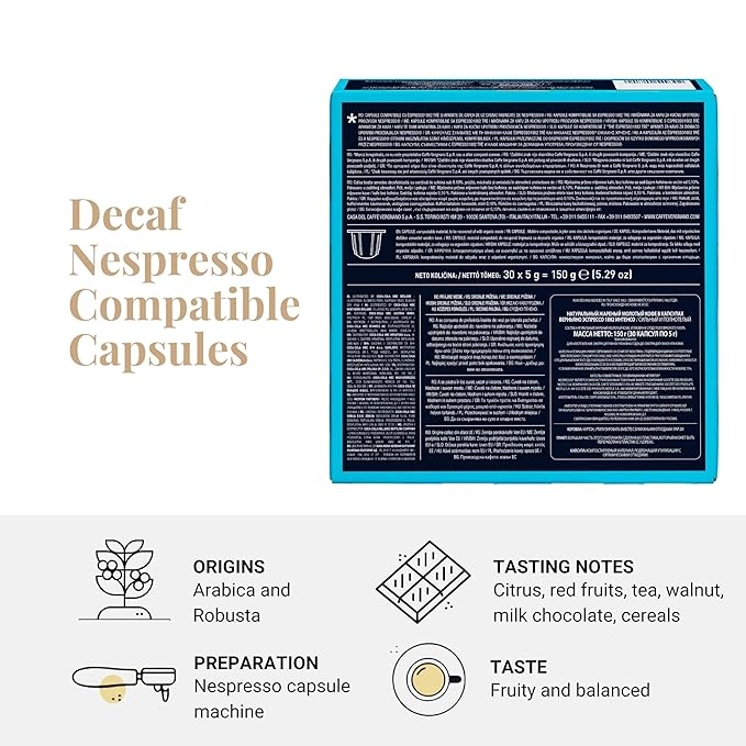 Caffe' Vergnano 1882 Decaf Medium Roast Espresso Original Line Machine Compatible Capsules, Arabica Robusta Espresso Coffee, Italian Coffee for Nespresso Machines, Intensity 5/10, Decaffeinato, 30 Ct