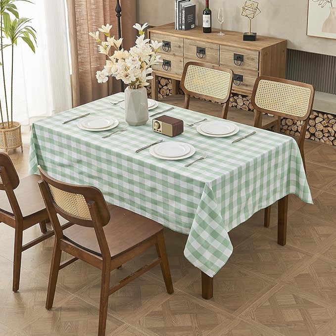 Yarn Dyed Cotton Blend Table Cloth Rectangle Table Cover 55x95 Inches Waterproof Indoor/Outdoor Green and White Checkered Gingham Rectangle Tablecloth for Kitchen BBQs Buffet Picnic