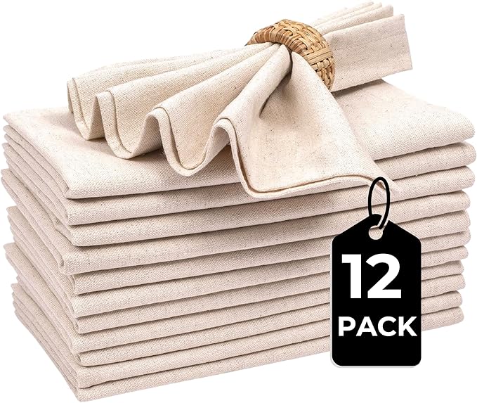Flax Linen Cotton Cloth Napkins Set of 12-18x18 inch Dinner Napkins, Machine Washable, Soft & Durable for Home, Restaurants, Events - Natural Color