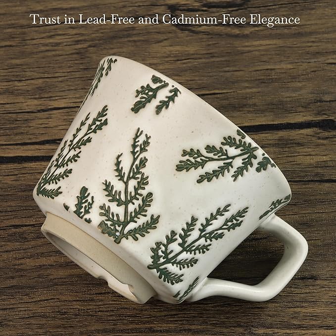 Ceramic Coffee Mug, 12 oz Novelty Unique Teacup with Large Handle, Stoneware Cup for Tea Mocha Latte Cappuccino Espresso (Set of 2, Ivy and Leaf)
