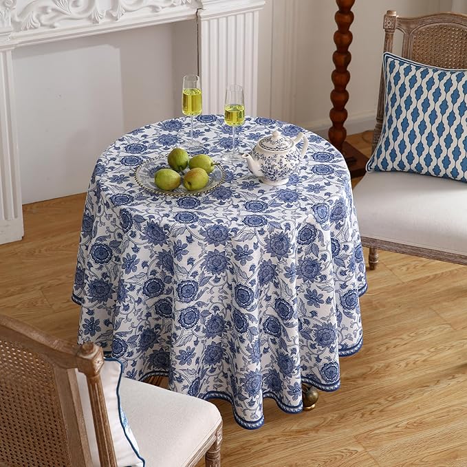 patdrea Designer Blue Tablecloth for Round Tables,Vintage Elegant Linen with Paisley Floral Pattern Tablecloths,Farmhouse Flower Table Cover Cloth Decor for Kitchen Dining Christmas,Diameter 55"