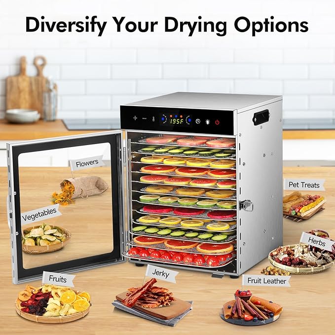 SUCICENI Food Dehydrator Machine 12 Stainless Steel Trays 1000W Meat Dehydrator for Home Use, 24H Timer & 195℉ Temperature Control Food Dryer for Jerky Fruit Herbs Mushroom Dog Treats