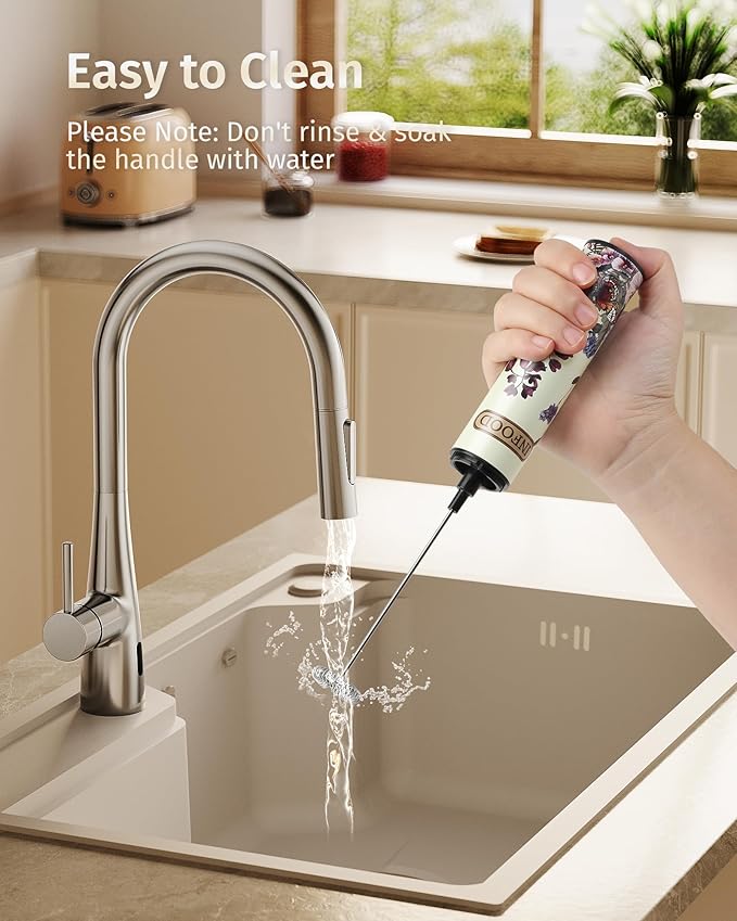 Milk Frother Rechargeable with Cover - Coffee Frother Wand, Drink Mixer Handheld with 2 Detachable Stainless Whisks 2 Speed Adjustable for Latte, Cappuccino, Hot Chocolate, Egg, Vintage Floral