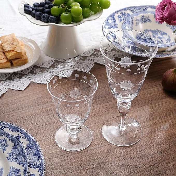 Premium Delight Wine Glasses Set of 4, 14.2 oz – Hand-Blown with Etched Long Stem, Classic Glassware for Weddings, Dinners, and Holiday Gifting (Vintage Wine Glasses)