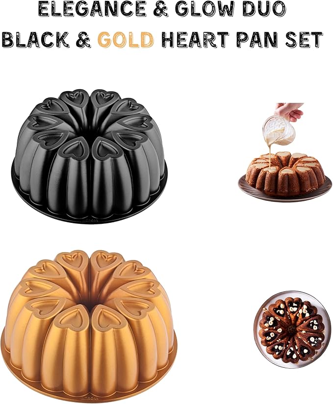 Heart Shape Aluminum Cake Pan, Titanium Coating, Non-Stick, 12 Cups, Gifts for Mom, 10 Inch Baking Mold, Cast Aluminum Fluted Tube Pan, Easy to Clean (2-Pack, Black-Gold)