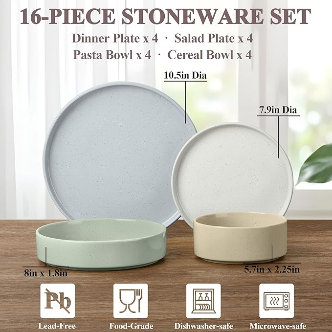 Herogo Dinnerware Dishes Sets with Pasta Bowls, 16 Piece Stoneware Plates and Bowls for 4, Ceramic Dinner Ware for Kitchen, Dishwasher & Microwave Safe, Speckled Multicolor