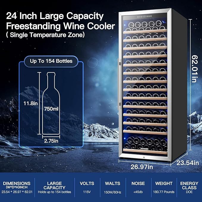 BODEGA 24 Inch Wine Cooler, 154 Bottle Refrigerator, Freestanding Wine Fridge with Intelligent Temperature Memory & Humidity Control, Upgraded Compressor, Quiet Operation