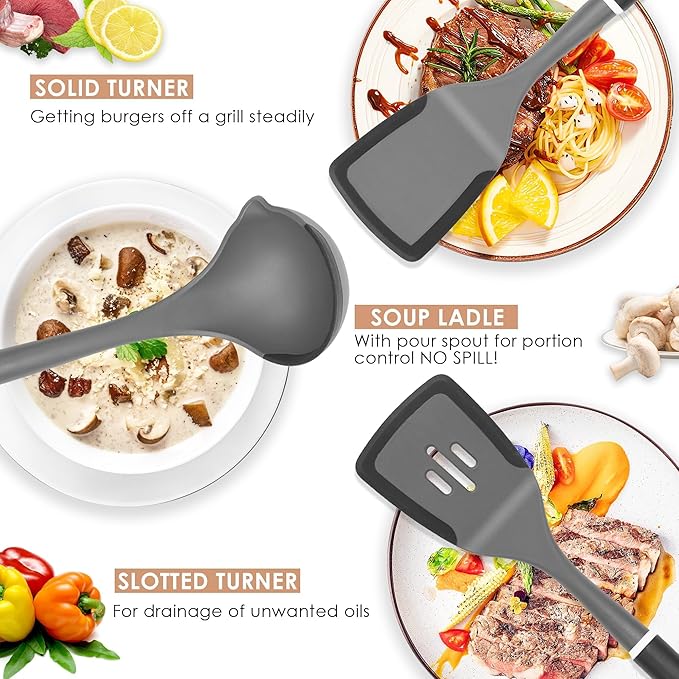 Kitchen Cooking Utensils Set, Non-Stick Spatula Set with Rotating Stand, 6 PCS Silicone Utensils Set for Cooking, 400°F Heat Resistant, Kitchen Gadgets with Nylon Handle & Stable Holder, Dark Grey