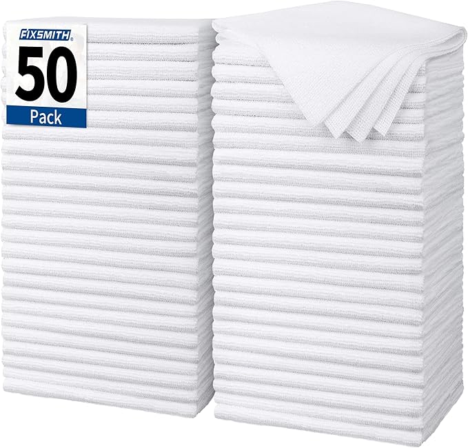 FIXSMITH White Microfiber Cleaning Cloth, Pack of 50, 16"X12" Cleaning Rags for Housekeeping and Kitchen, Reusable Shop Towels, Microfiber Towels for Cars, Lint Free, Scratch-Free, Highly Absorbent