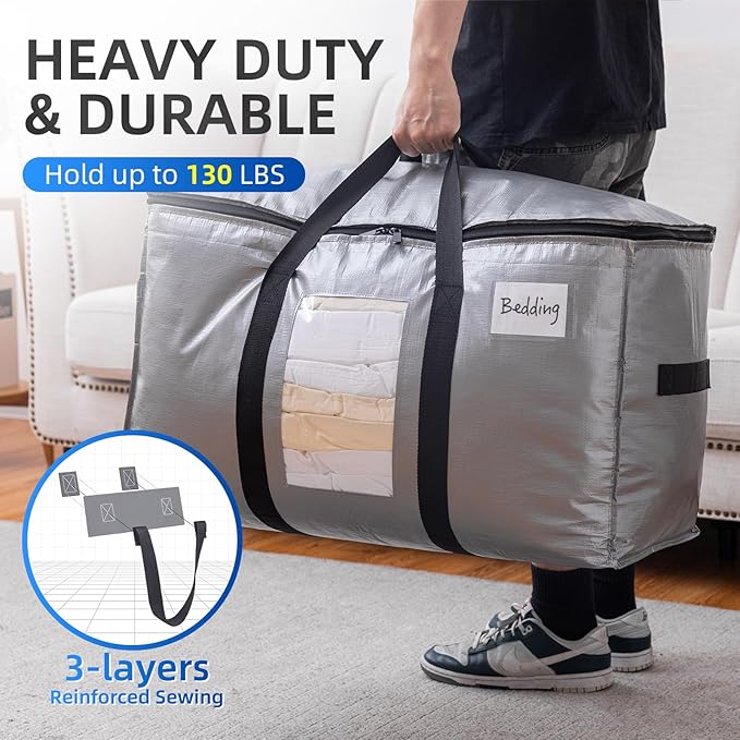 TAILI Extra Large Moving Bags, 12 Pack Silver Heavy Duty Totes for Storage with Visible Window, Wrap Around Handles, Storage Bags for Space Saving, Alternative to Moving Boxes