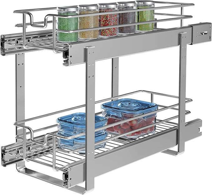 2-Tier Individual Cabinet Pull Out Shelves (9" W x 22" D), Slide Out Kitchen Panty Narrow Cabinet Storage Sliding Shelves
