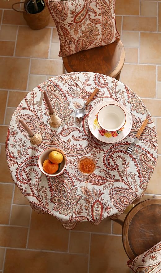 Design Linen Tablecloth for Round Tables,Paisley Style Table Cloth with Cashew Pattern,Heavy Durable Table Cover for Dining Thanksgiving Kitchen Decor Party Christmas, Diameter 55"