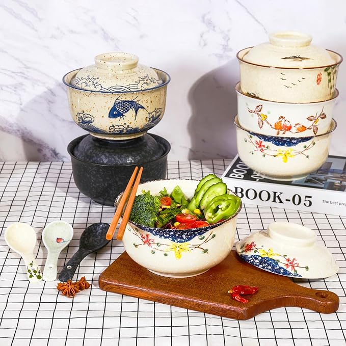 Ceramic Ramen Bowl Set, 800ml, with Lid, Spoon and Chopsticks, Japanese Vintage Large Soup Bowls Instant Noodle Bowl Asian Tableware (Color*2)