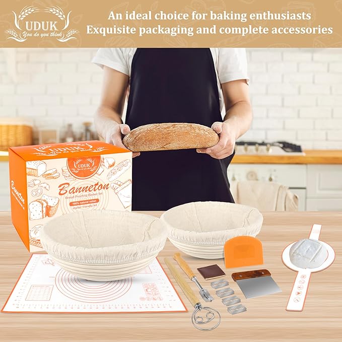 Bread Proofing Basket Set with 10" Round and 9.6" Round Banneton Baskets, Silicone Bread Sling Baking Mat, Whisk Cutter Scraper Lame - Sourdough Bread Baking Supplies Ideal Sourdough Starter Kit