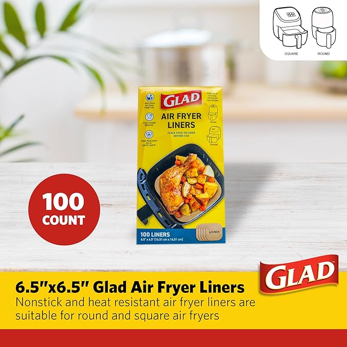 Glad Air Fryer Liners, Nonstick and Heat Resistant, Food Grade Material, Suitable for Round and Square Air Fryers, Air Fryer Accessories, 6.5" x 6.5" - 100 Count
