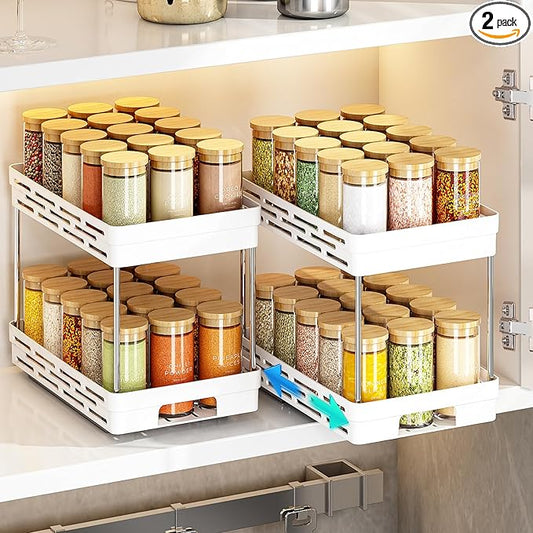 Pull Out Spice Rack Organizer for Cabinet, 2 Pack Widen Slide Out Spice Racks Organizer, Spice Cabinet Organizers, Cabinet Size Need:12'' Highx11'' Deepx6.75'' Wide,Hold 15 Spice Jar Each Tier-2Tier