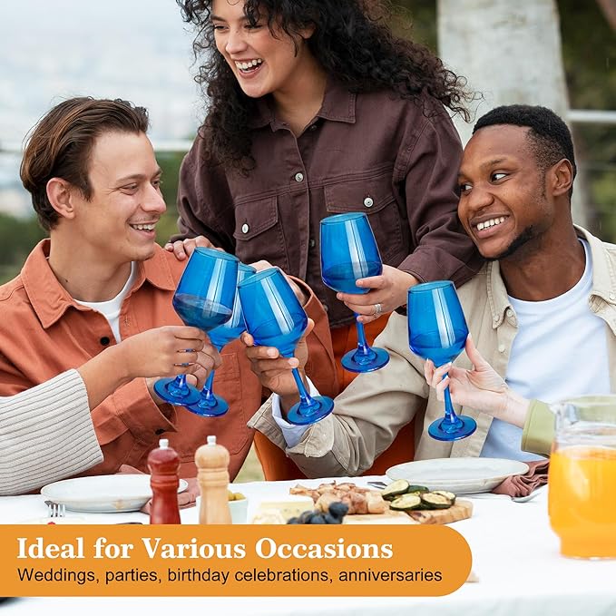 Blue Wine Glasses Set of 6-12oz Blue Long Stem Wine Glass Cups, Pretty Crystal Glassware, Hand Blown Goblets Drinkware, Unique Drinking Stemware Holiday Gift Set