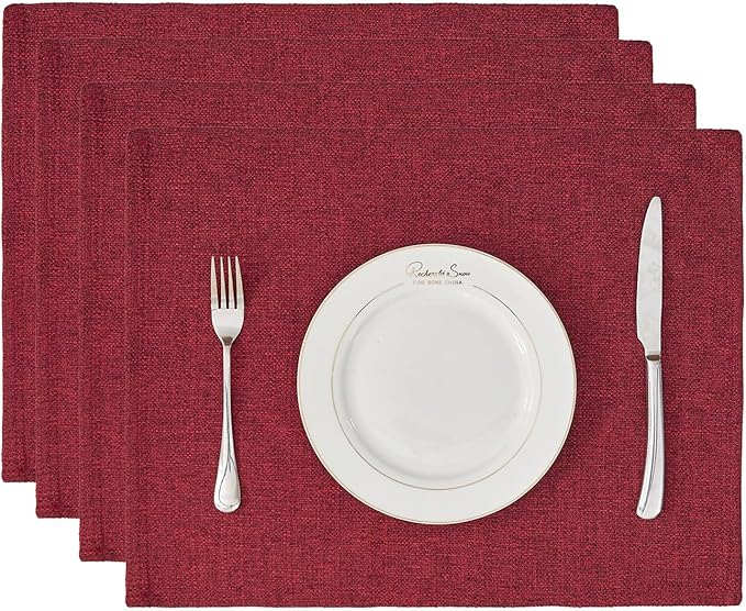 BALCONY & FALCON Placemats Set of 4 Faux Linen Cloth Place Mats Washable Waterproof Wrinkle Resistant Table Placemats for Dining Kitchen Farmhouse Indoor & Outdoor Use(Ruby Red, 13.8”x 17.7”