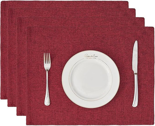 BALCONY & FALCON Placemats Set of 4 Faux Linen Cloth Place Mats Washable Waterproof Wrinkle Resistant Table Placemats for Dining Kitchen Farmhouse Indoor & Outdoor Use(Ruby Red, 13.8”x 17.7”