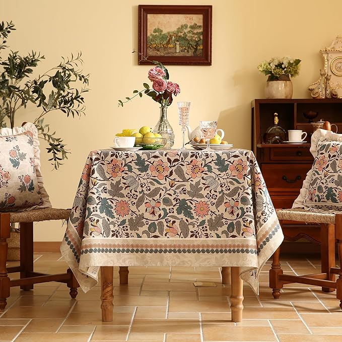 Floral Tablecloth for Rectangle Tables,Linen Table Cloth with Gray-Green Tone and Silver Lotus Pattern,Heavy Durable Table Cover for Dining Thanksgiving Kitchen Party Christmas,63"*102"