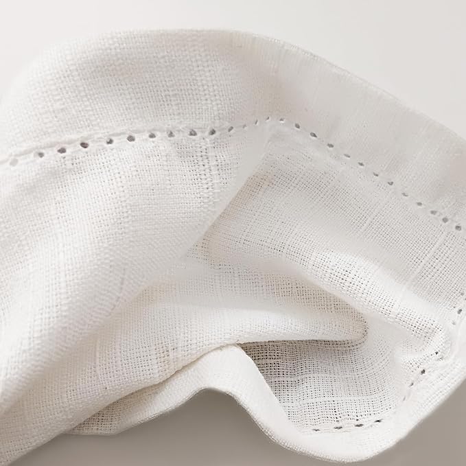 Ramanta Home Hemstitched Dinner Napkins Set of 12 - White, 18x18 Inches - Premium Textured Cotton Soft Cloth Napkins - Durable and Reusable for Weddings or Everyday Use