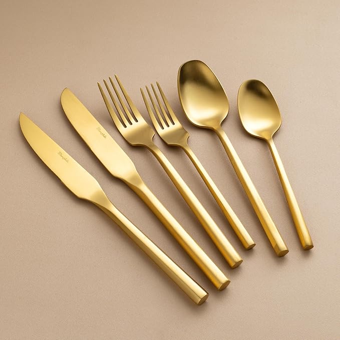 Gold Silverware Set with Steak Knives,Zerophilo Flatware Set with Hexagon Handle 24 Pieces 18/0 Stainless Steel Cutlery Set for 4,Dishwasher Safe
