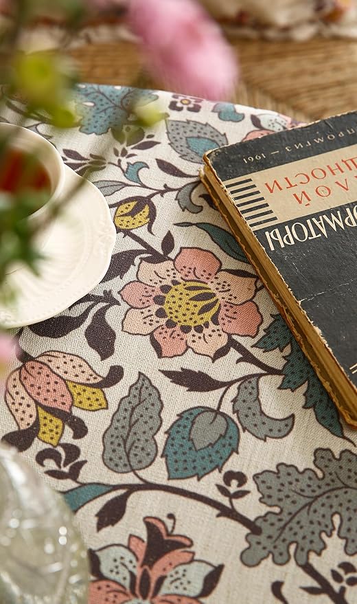 Floral Tablecloth for Round Tables,Linen Table Cloth with Gray-Green Tone and Silver Lotus Pattern,Heavy Durable Table Cover for Dining Kitchen Decor Party Christmas,Diameter 55"