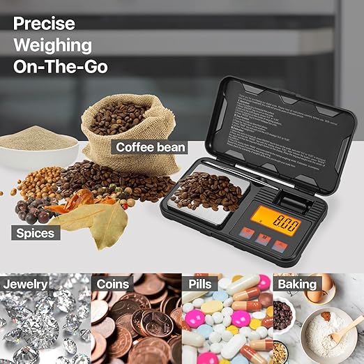 Flexzion Digital Scale Pocket Size Precision Gram Scale 200g / 0.01g, Travel Portable Mini Kitchen Food Ounces Carats/w Tweezers, LCD Light, 50 g Calibration Weight, 6 Units, Tare, Stainless Steel